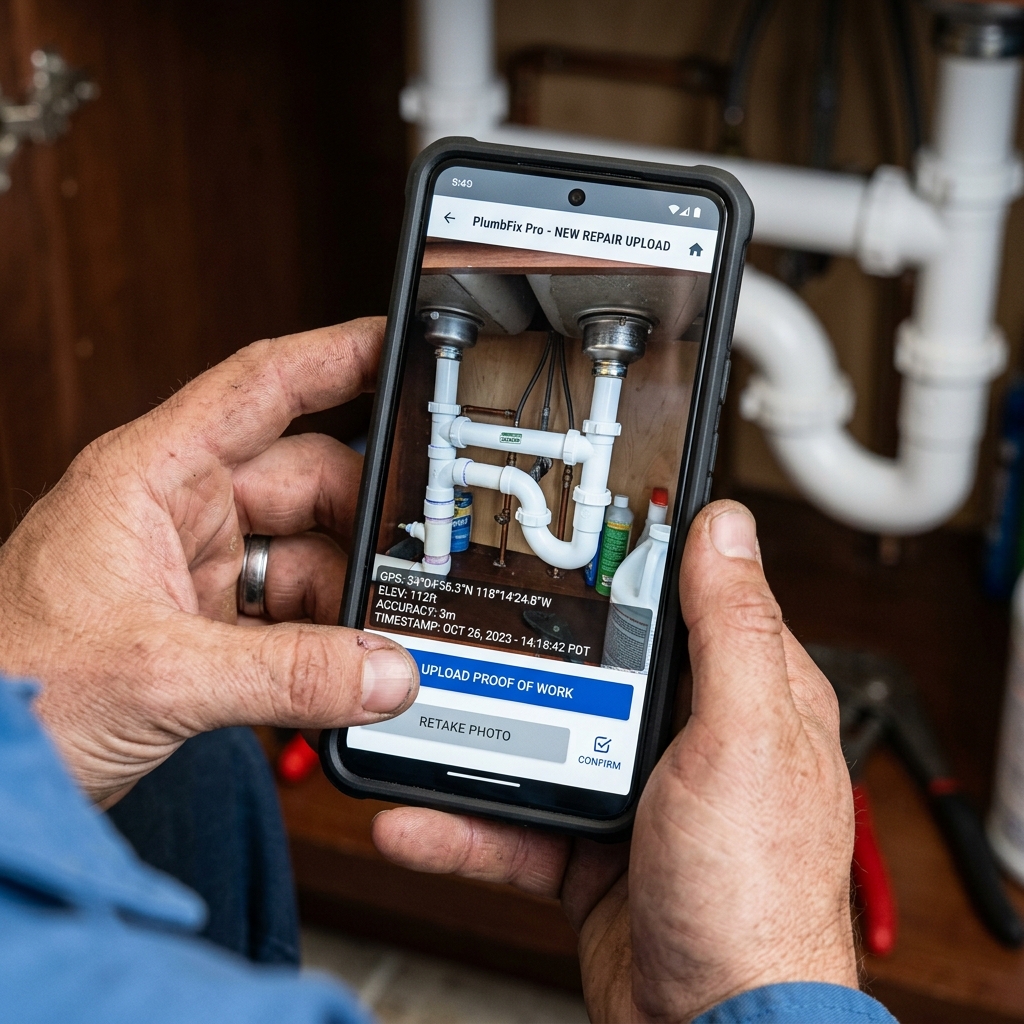 Plumber uploading completed work with GPS coordinates and timestamp overlays